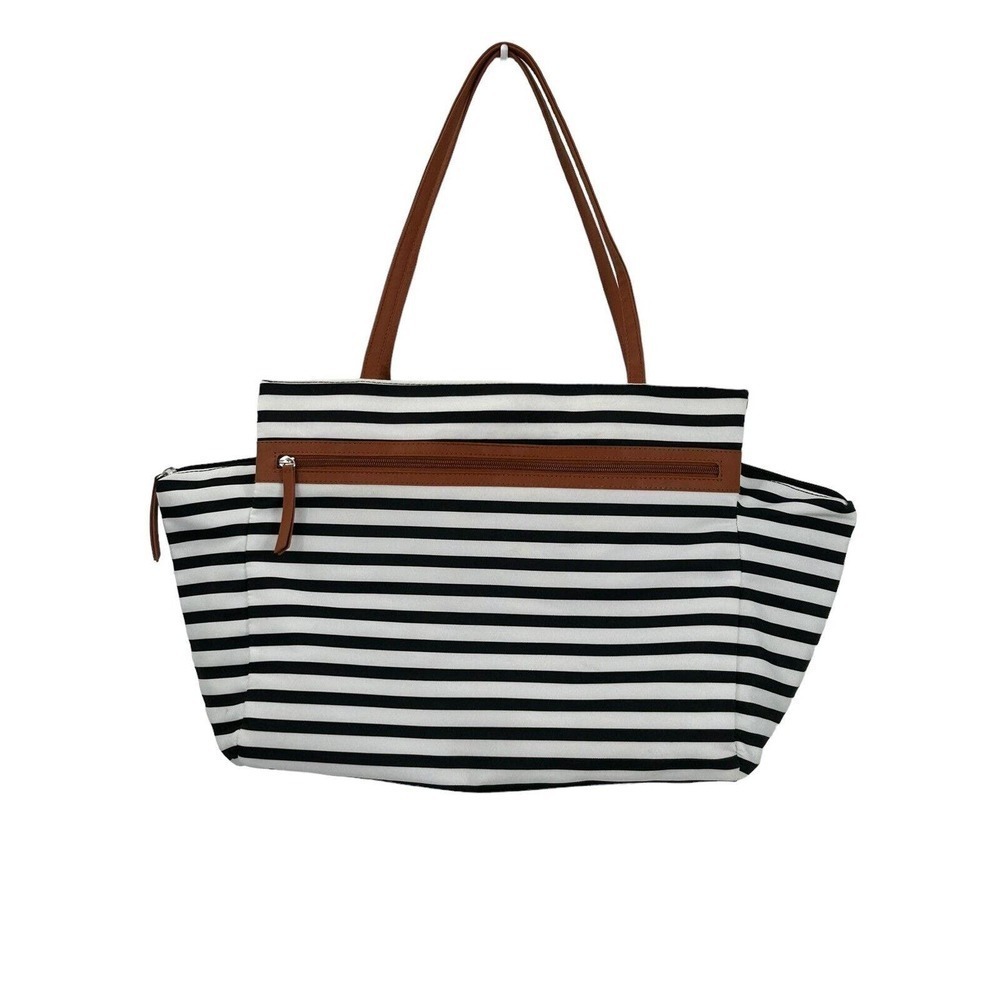DSW Exclusive-Striped Overnighter Large Tote Bag Black White Canvas Strap Pocket